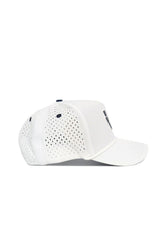 The Utah State Gameday Hat is a white baseball cap with side perforations for ventilation, a curved front brim, and a Snap Back Adjustment for the perfect fit.