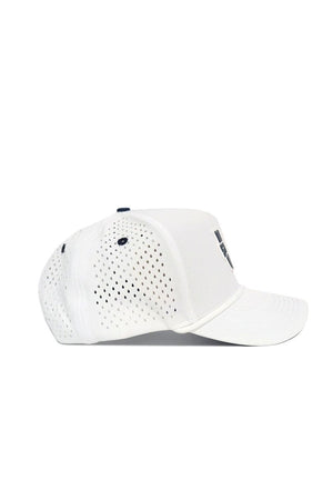 The Utah State Gameday Hat is a white baseball cap with side perforations for ventilation, a curved front brim, and a Snap Back Adjustment for the perfect fit.