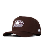 The Georgia Southern Americano Hat is a brown snapback made of high-quality cotton, featuring the Georgia Southern Eagles logo and text on the front plus white NR lettering on the side.