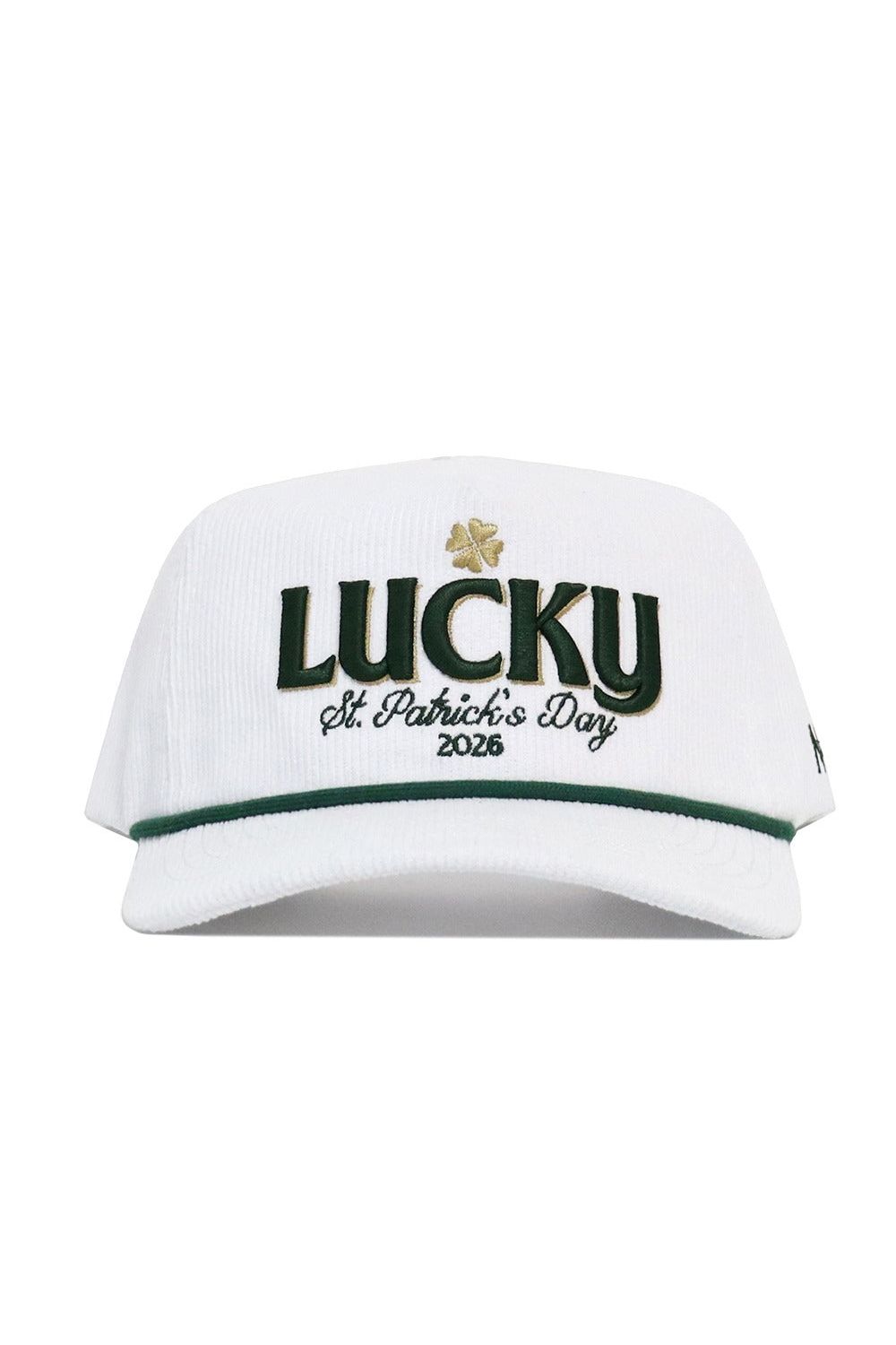 The No Rivals St.Pattys Lucky Cord Hat - White features "LUCKY" in green, a gold shamrock, “St. Patrick’s Day 2026” embroidered below, an unstructured fit, snapback closure, and green brim trim.