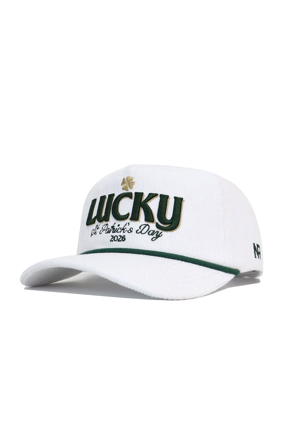 The No Rivals St.Pattys Lucky Cord Hat in white features green and gold "LUCKY" with a shamrock, "St. Patrick’s Day 2026" embroidery, a green-accented brim, unstructured fit, and a small '47 logo on the side.