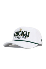 The No Rivals St.Pattys Lucky Cord Hat in white features green and gold "LUCKY" with a shamrock, "St. Patrick’s Day 2026" embroidery, a green-accented brim, unstructured fit, and a small '47 logo on the side.