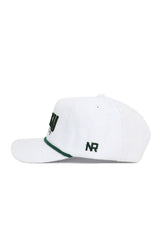The No Rivals St.Pattys Lucky Cord Hat in white features a green brim accent and dark green "NR" embroidery on the side of its unstructured fit, shown from the side.