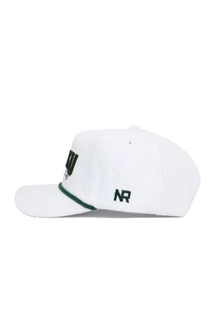 The No Rivals St.Pattys Lucky Cord Hat in white features a green brim accent and dark green "NR" embroidery on the side of its unstructured fit, shown from the side.