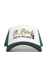 The No Rivals St.Pattys Trucker Hat is a white and green corduroy snapback featuring gold and black embroidery reading "St. Patricks" and "Luck of the Irish," plus a small harp design for festive style and comfort.