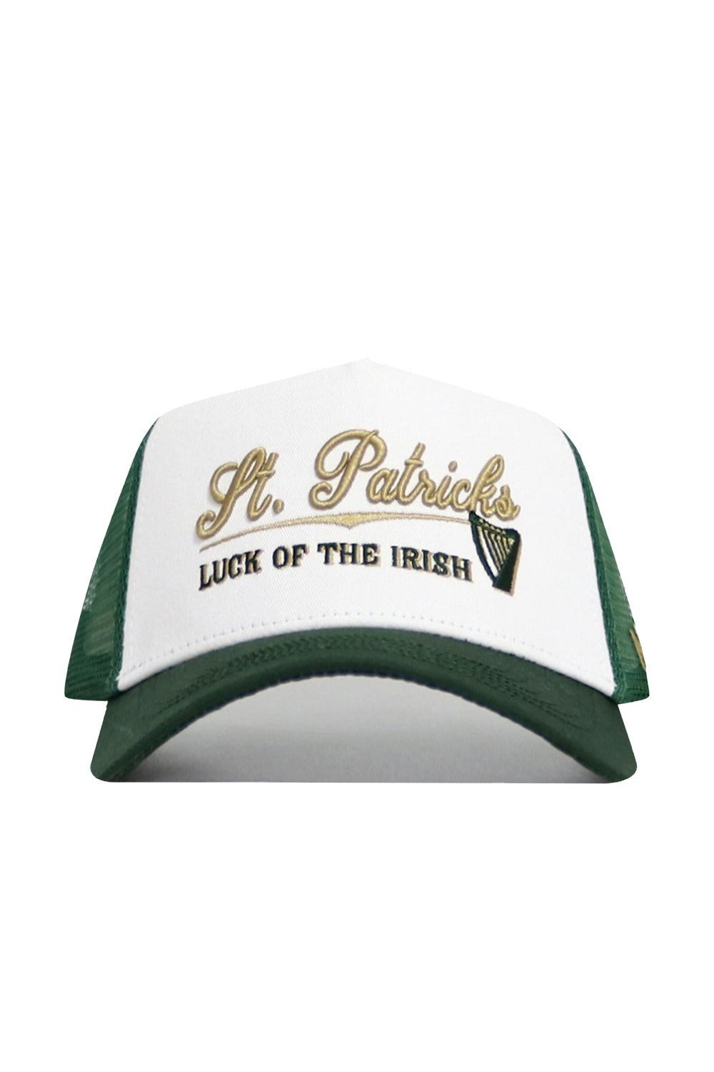 The No Rivals St.Pattys Trucker Hat is a white and green corduroy snapback featuring gold and black embroidery reading "St. Patricks" and "Luck of the Irish," plus a small harp design for festive style and comfort.
