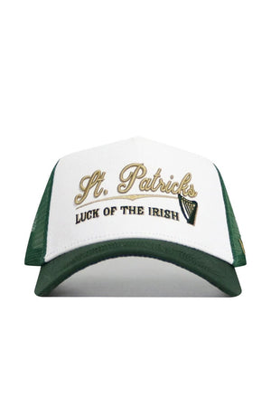 The No Rivals St.Pattys Trucker Hat is a white and green corduroy snapback featuring gold and black embroidery reading "St. Patricks" and "Luck of the Irish," plus a small harp design for festive style and comfort.