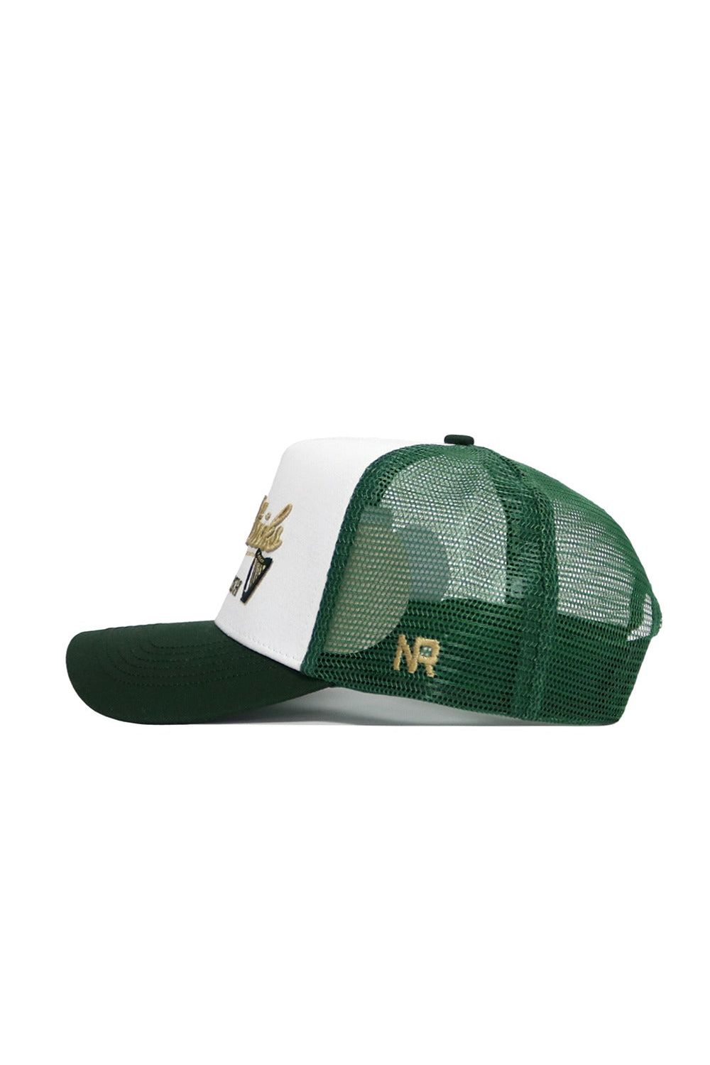The St.Pattys Trucker Hat by No Rivals is a green and white snapback with mesh sides, a solid green bill, gold embroidered designs, and the initials AR on the back mesh.