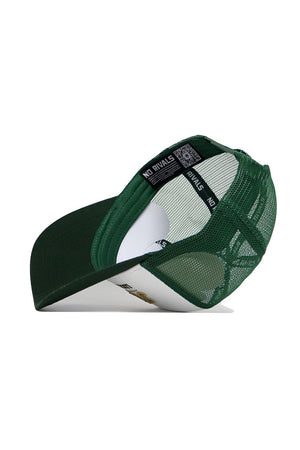The St.Pattys Trucker Hat by No Rivals is a green mesh cap with an unstructured fit, curved brim, and black and white “NO RIVALS” text on the inner band. It features an adjustable snapback closure at the back.