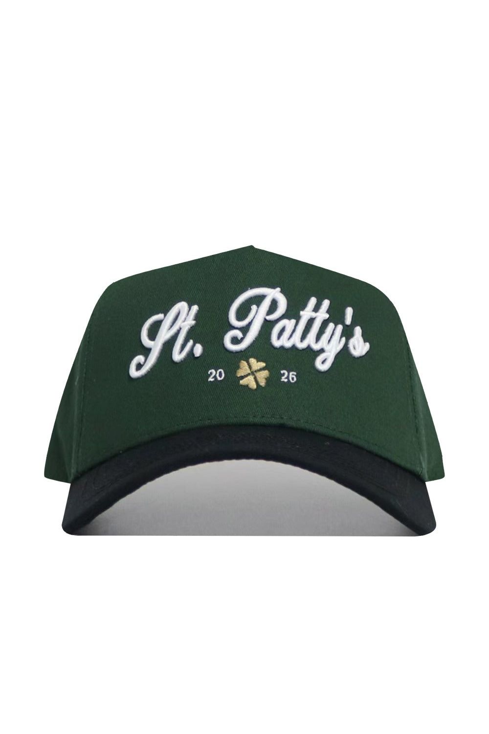 The No Rivals St.Pattys Shamrock Hat features green corduroy, "St. Pattys" embroidered in white, a gold shamrock, the numbers 20 and 26, an unstructured fit, and a black brim for casual style.