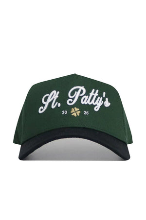 The No Rivals St.Pattys Shamrock Hat features green corduroy, "St. Pattys" embroidered in white, a gold shamrock, the numbers 20 and 26, an unstructured fit, and a black brim for casual style.