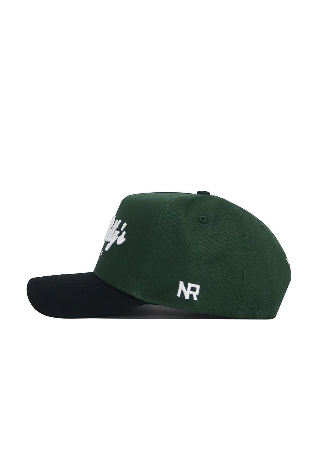 The No Rivals St.Pattys Shamrock Hat is a dark green corduroy cap with a black brim, white embroidered front and side text, unstructured fit, and "NR" stitched on the side panel.