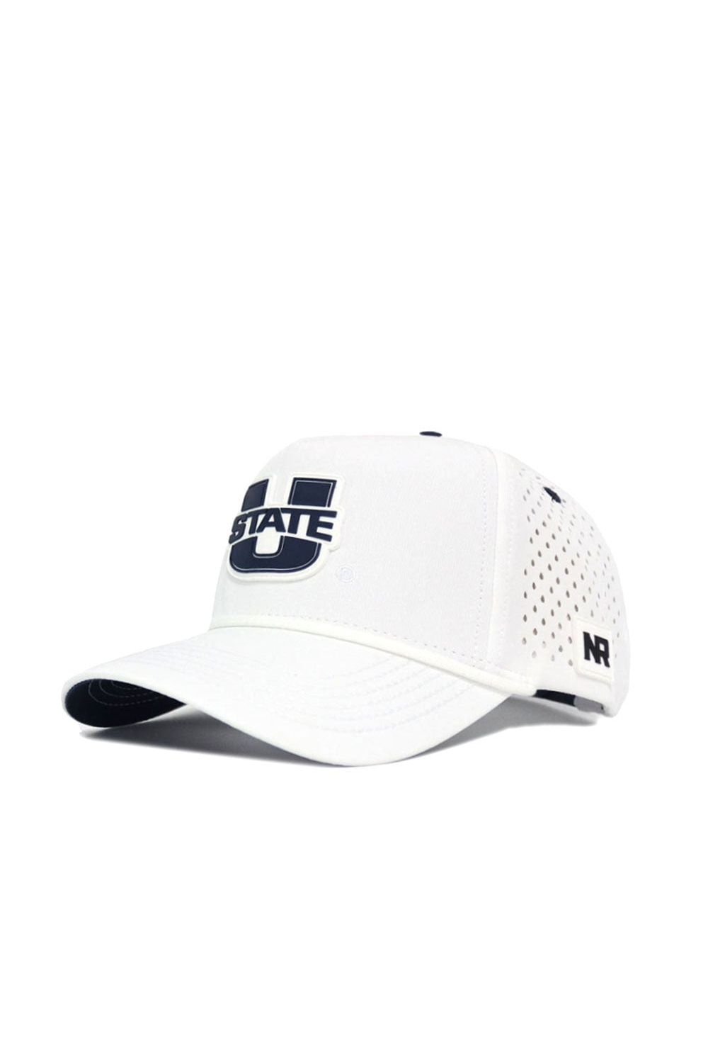 The Utah State Gameday Hat is a white baseball cap featuring a large navy blue U and "STATE" on the front, perforated side holes for ventilation, an NR logo near the brim, and an adjustable snap back for the perfect fit.
