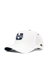 The Utah State Gameday Hat is a white baseball cap featuring a large navy blue U and "STATE" on the front, perforated side holes for ventilation, an NR logo near the brim, and an adjustable snap back for the perfect fit.