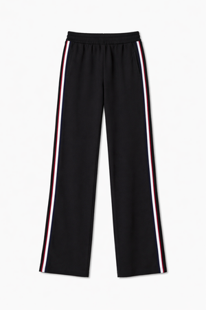 Black pants with a button detail on a white background