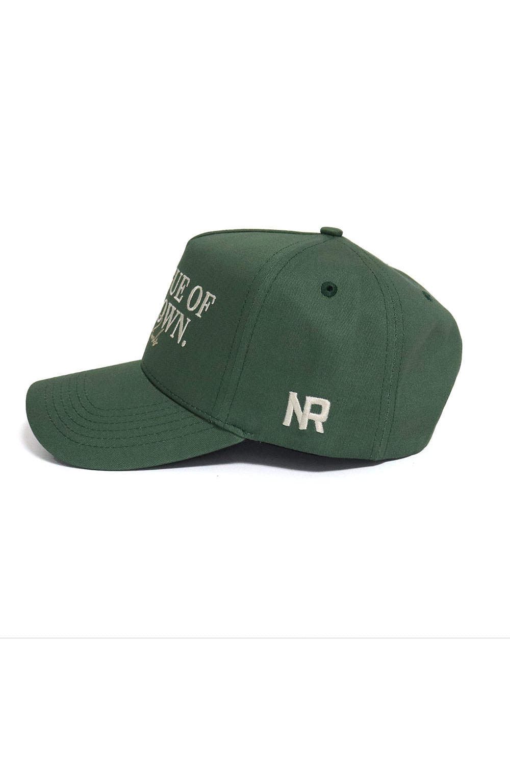 The ALOYO Hat from No Rivals’ No Rivals Collection is a green cotton baseball cap with white "NR" embroidery on the side, partial white front text, and an adjustable snapback for a comfortable, one-size fit. Shown left side view on a white background.