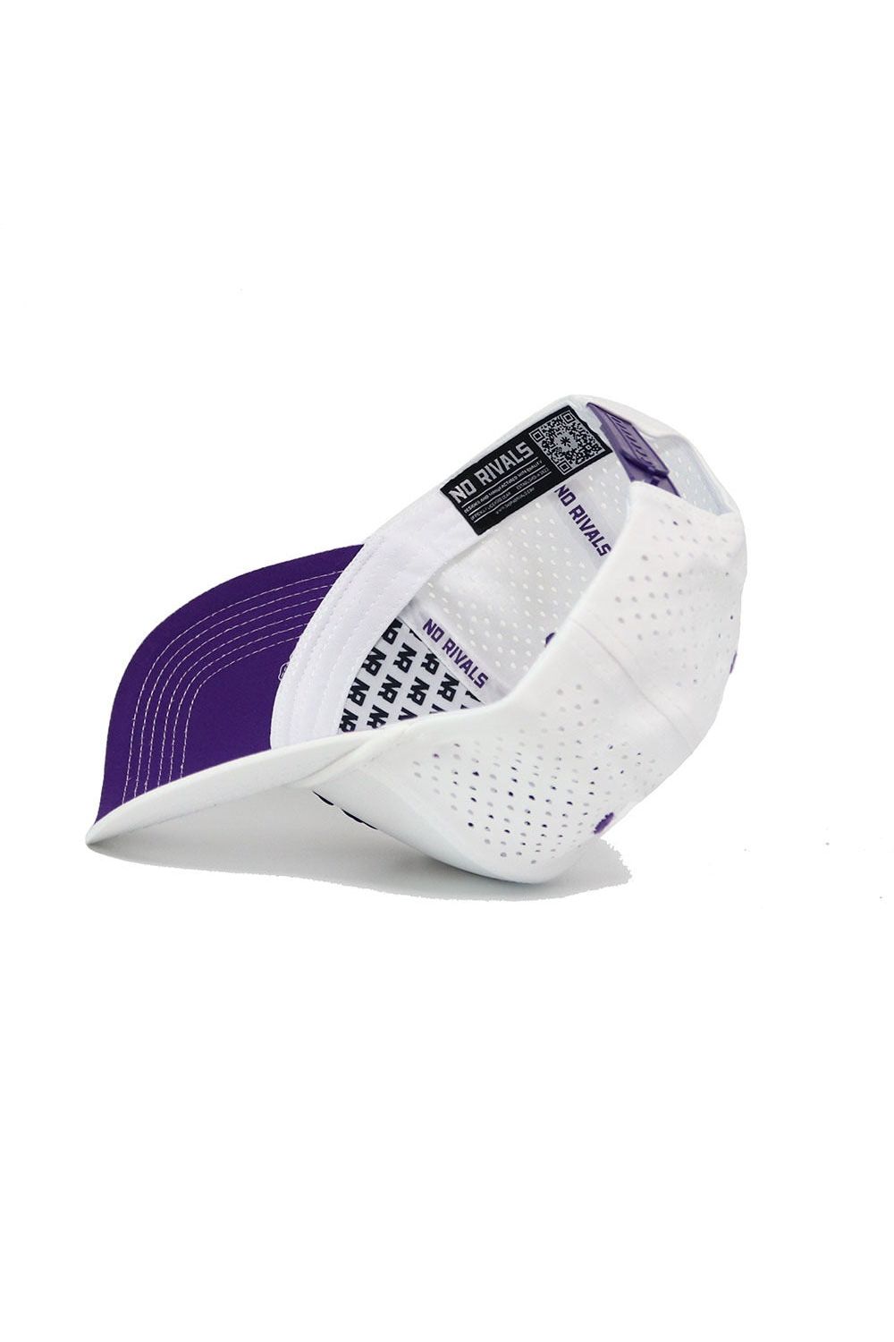 The ECU Gameday Hat by No Rivals is a white and purple snapback baseball cap shown upside down, featuring perforated details, a QR code tag, and NO RIVALS text on the inner band—ideal for your gameday fit.