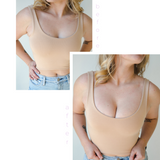 Product shot of Light tint Silicone Stick-on Bra size D-cup on fair-skinned model, wearing fitted Devon Crop Tank, before and after showing there is more cleavage and definition while looking natural without extra padding when wearing the Silicone Stick-on Bra
