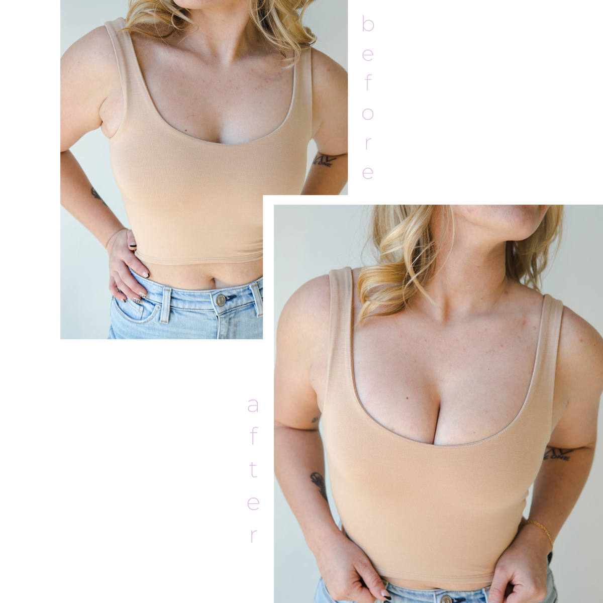 Product shot of Light tint Silicone Stick-on Bra size D-cup on fair-skinned model, wearing fitted Devon Crop Tank, before and after showing there is more cleavage and definition while looking natural without extra padding when wearing the Silicone Stick-on Bra
