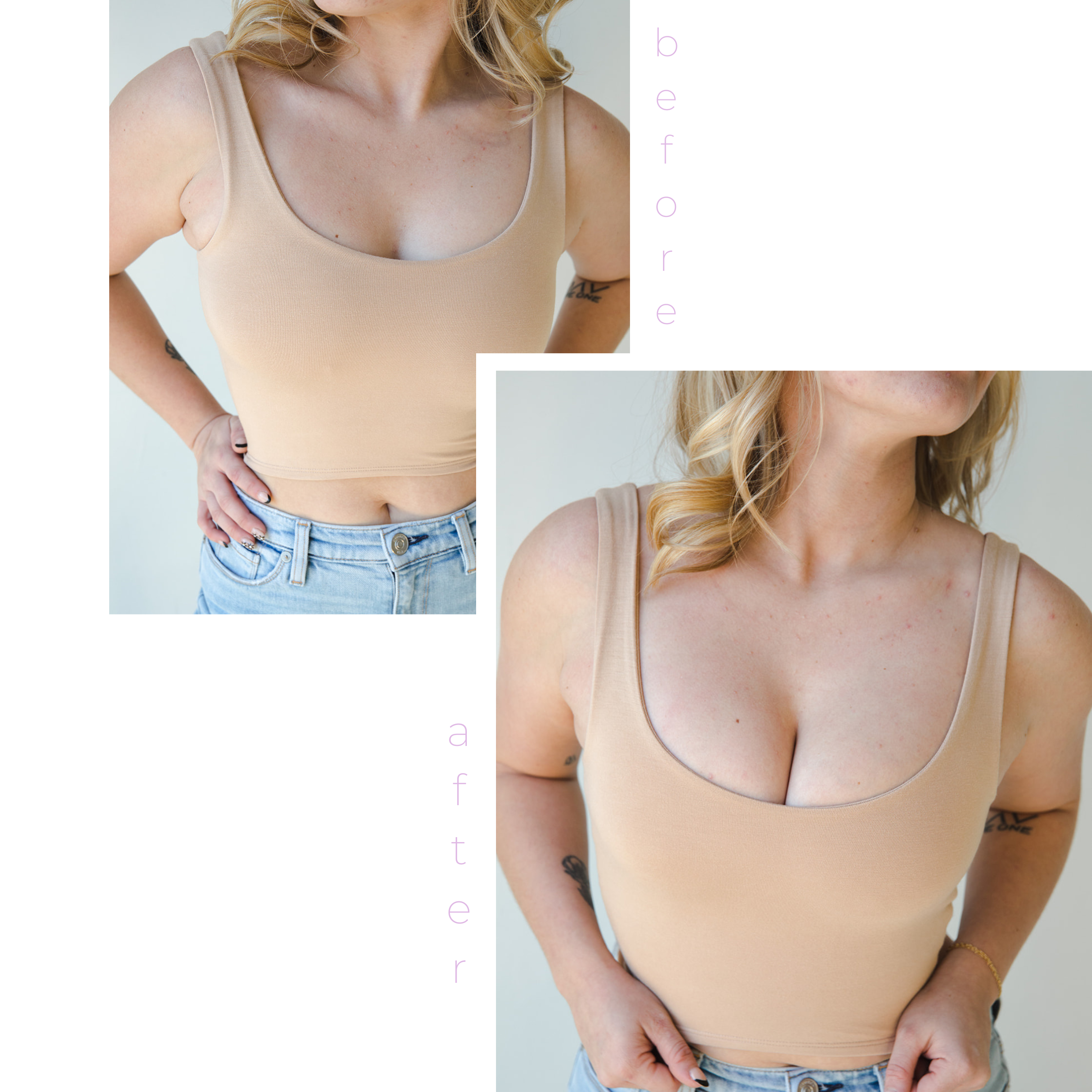 Product shot of Light tint Silicone Stick-on Bra size D-cup on fair-skinned model, wearing fitted Devon Crop Tank, before and after showing there is more cleavage and definition while looking natural without extra padding when wearing the Silicone Stick-on Bra