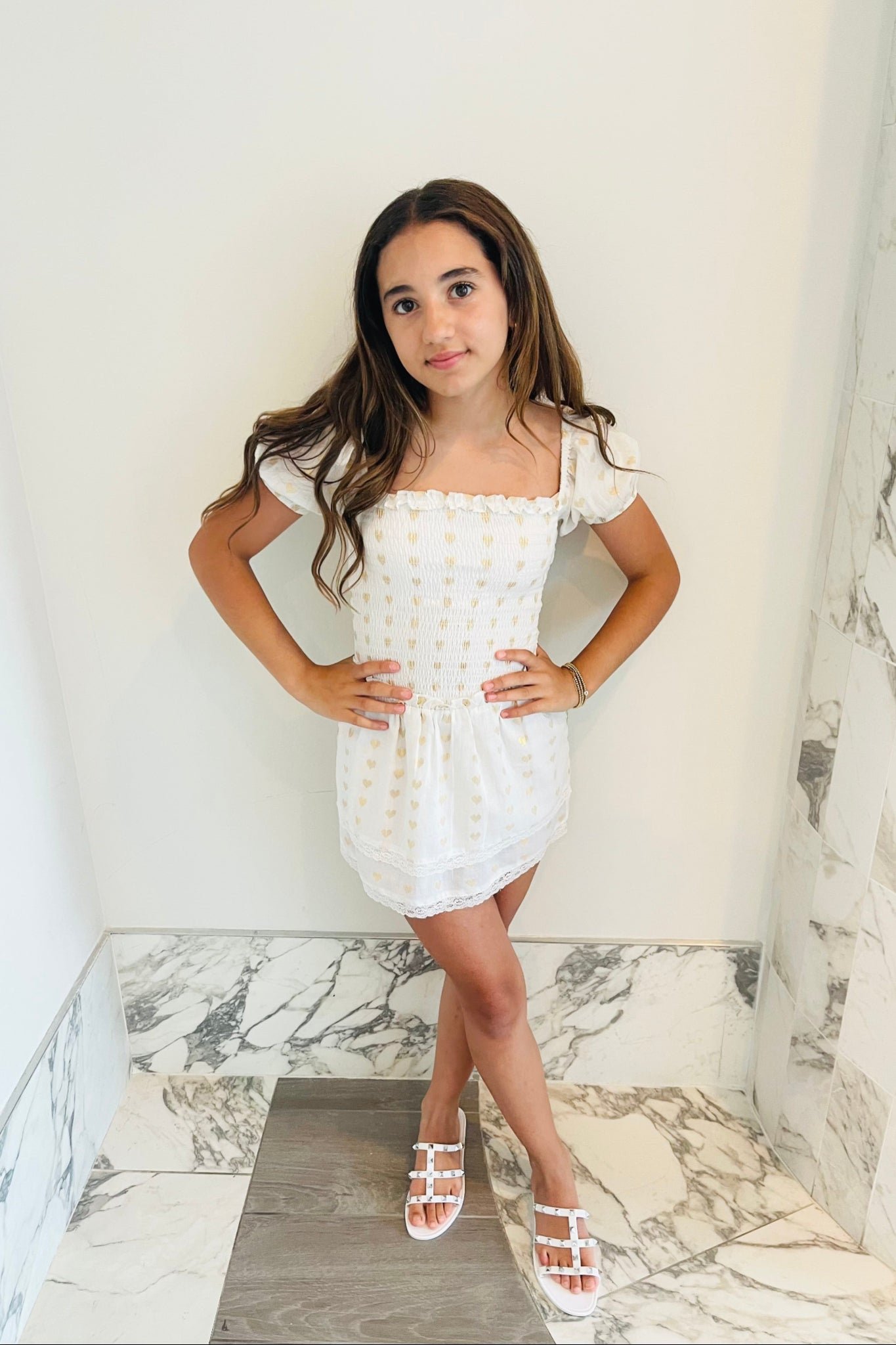 Lexi White Heart Lurex Smocked Short Sleeve Ruffle Dress