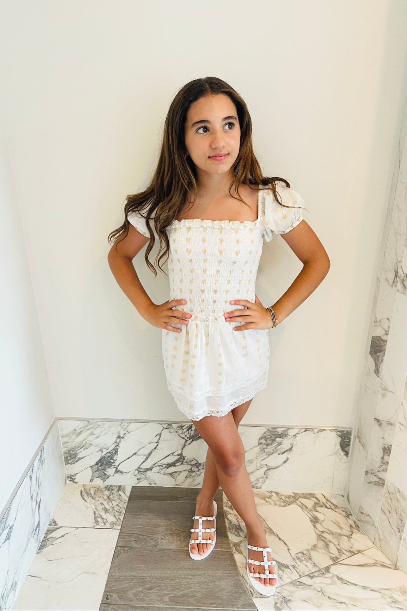 Lexi White Heart Lurex Smocked Short Sleeve Ruffle Dress