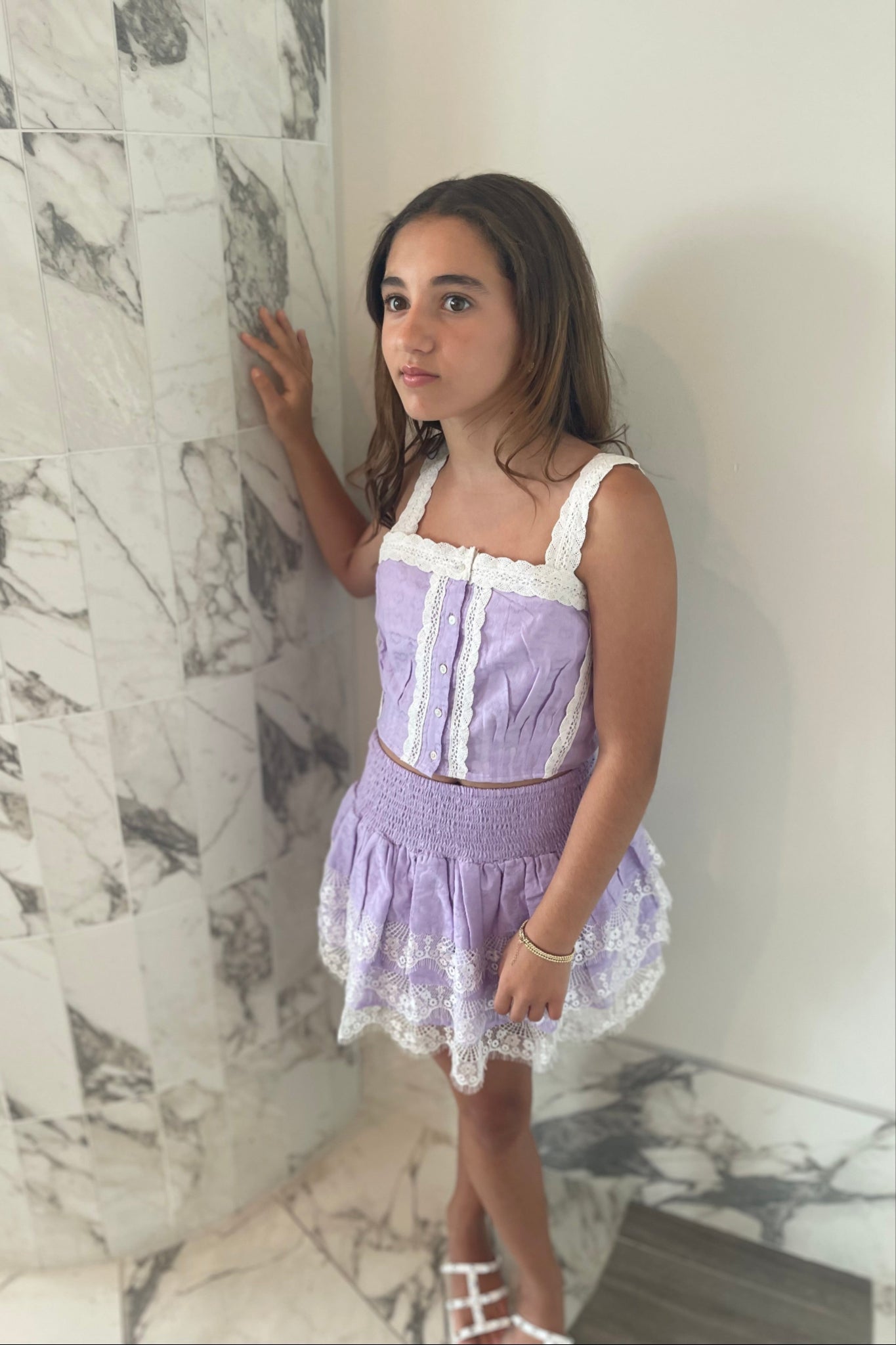 Gemma Lavender With White Lace Heart Dobbie Smocked Ruffle Mini Skirt