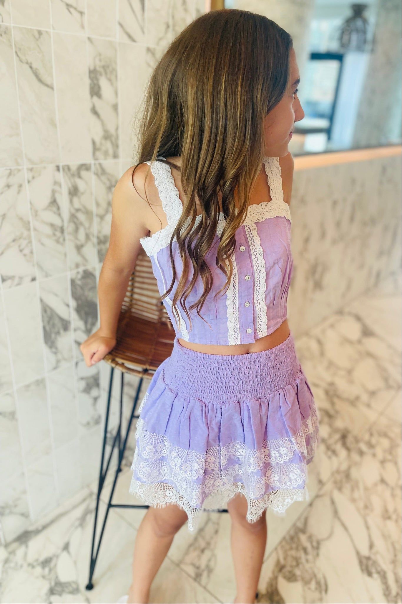 Gemma Lavender With White Lace Heart Dobbie Smocked Ruffle Mini Skirt