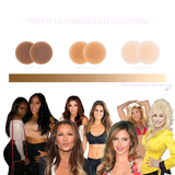 Three circular swatches labeled dark, medium, and light tint shown above a gradient; eight women of varying skin tones are pictured below.