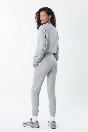 Back view of women’s brushed cotton French terry sweatpants