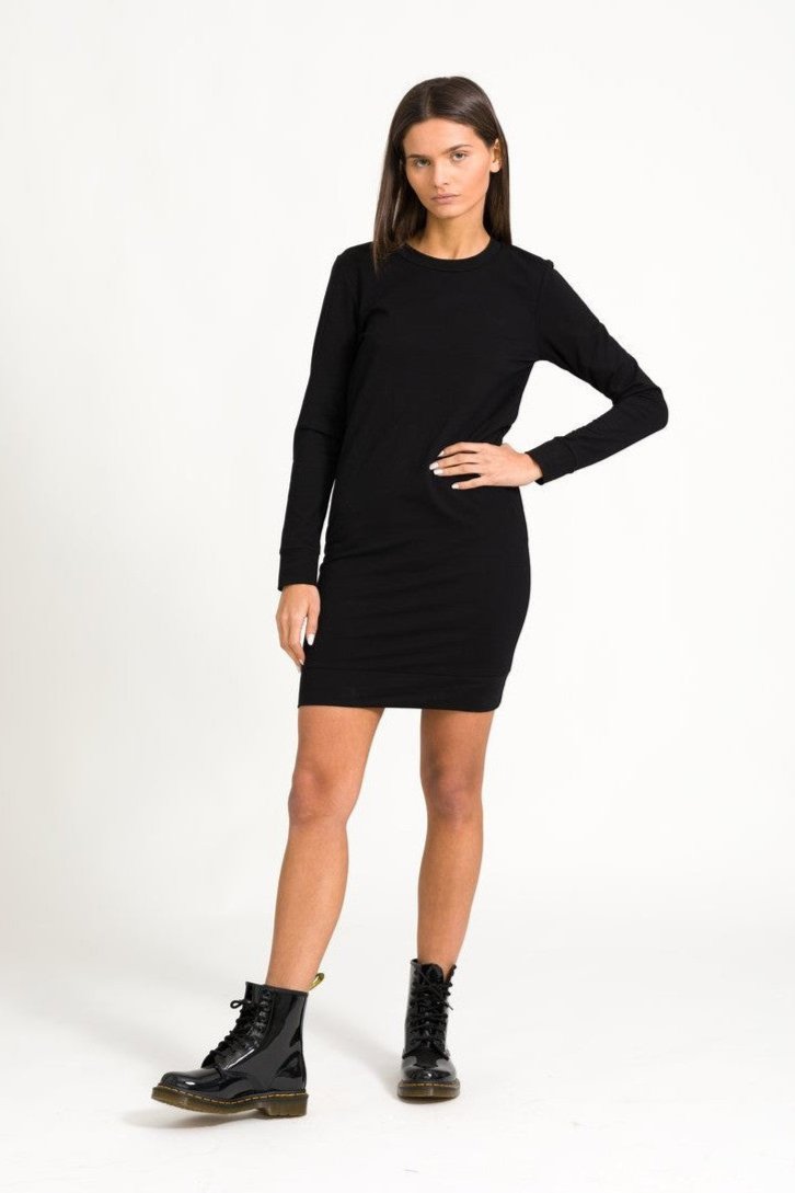 Women’s cotton terry sweatshirt dress with crewneck in black – front view